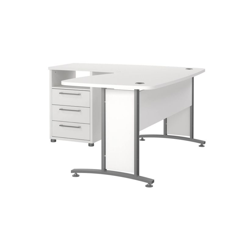 Scrivania Sidonia, Scrittoio multiuso, Tavolo per ufficio porta PC, Piano di lavoro, 159x150 h75 cm, Bianco e Grigio