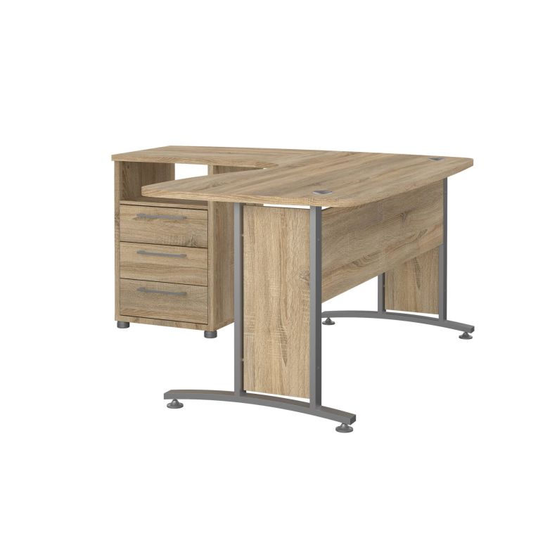 Scrivania Sidonia, Scrittoio multiuso, Tavolo per ufficio porta PC, Piano di lavoro, 159x150 h75 cm, Grigio e Quercia