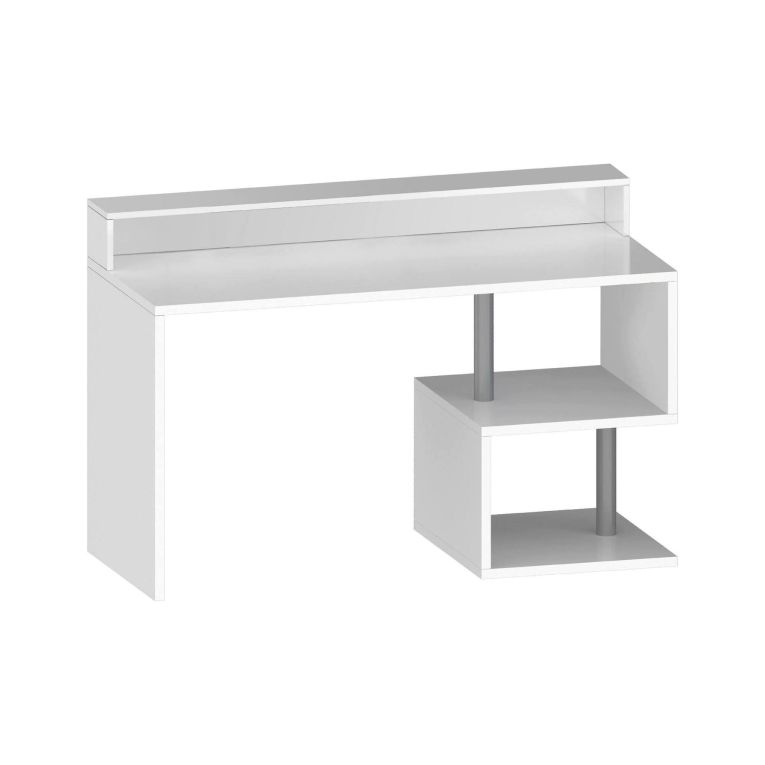 Scrivania Silvestro, Scrittoio lineare con ripiani portaoggetti, Scrivania ufficio multiuso con sopralzo, 140x60h93 cm, Bianco