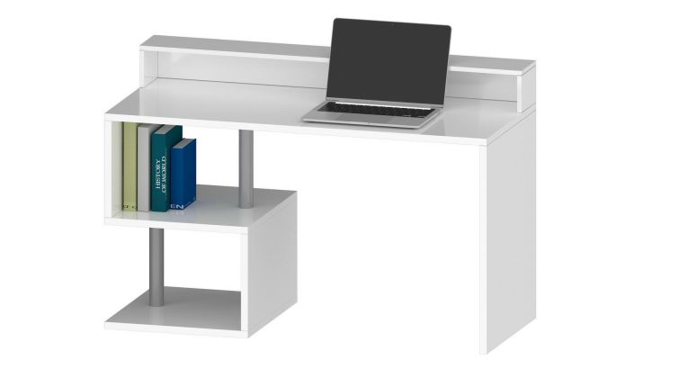 Scrivania Silvestro, Scrittoio lineare con ripiani portaoggetti, Scrivania ufficio multiuso con sopralzo, 140x60h93 cm, Bianco