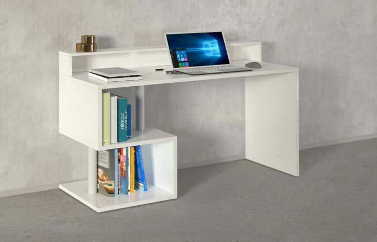 Scrivania Silvestro, Scrittoio lineare con ripiani portaoggetti, Scrivania ufficio multiuso con sopralzo, 140x60h93 cm, Bianco