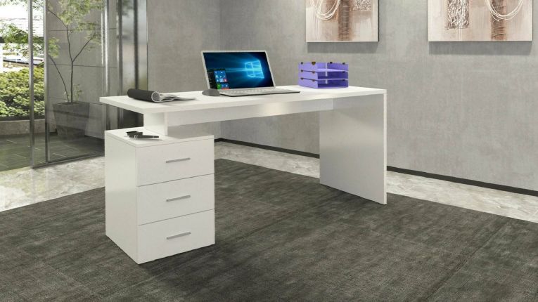Scrivania Siro, Scrittoio lineare, Scrivania ufficio multiuso, Scrivania salvaspazio multi posizione, 160x60h75 cm, Bianco
