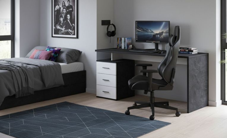 Scrivania Siro, Scrittoio lineare, Scrivania ufficio multiuso, Scrivania salvaspazio multi posizione, 160x60h75 cm, Bianco e Ardesia