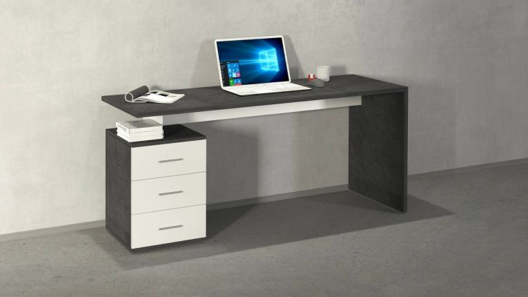 Scrivania Siro, Scrittoio lineare, Scrivania ufficio multiuso, Scrivania salvaspazio multi posizione, 160x60h75 cm, Bianco e Ardesia