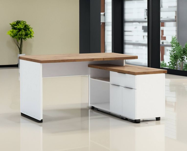 Scrivania Tembisa, Scrittoio multiuso, Tavolo per ufficio porta PC, Piano di lavoro, Made in Italy, 140x120h75 cm, Bianco lucido e Rovere