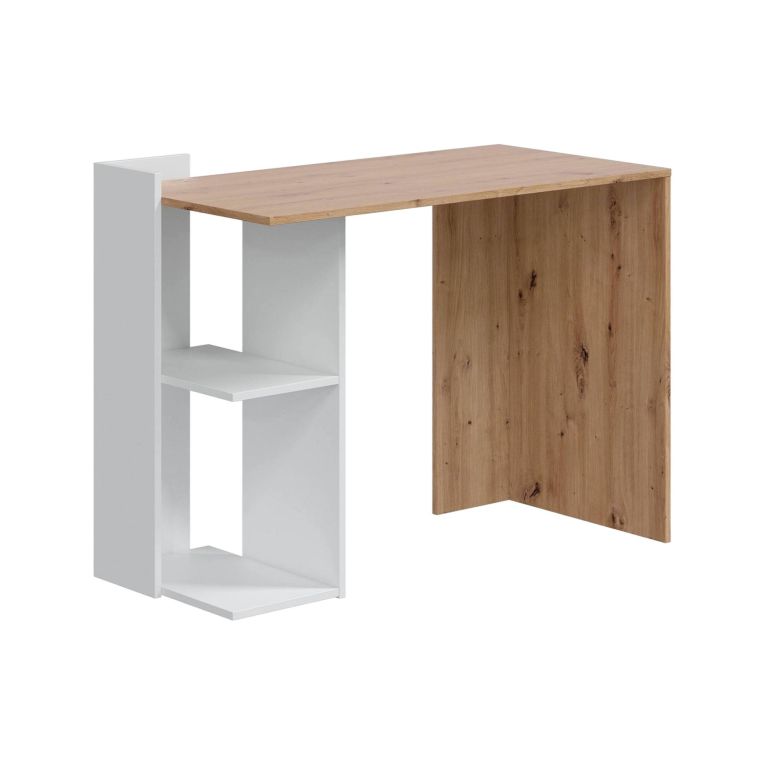Scrivania Tucson, Scrittoio multifunzione reversibile multiposizione, Tavolo da studio o ufficio porta PC con scaffale e ripiani, 100x52h78 cm, Bianco e Rovere nodi