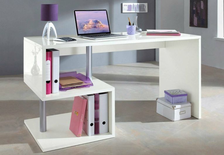 Scrivania Valerio, Scrittoio lineare porta PC, Tavolo multiuso per ufficio, Scrivania salvaspazio multiposizione, 100% Made in Italy, cm 140x60h78, Bianco lucido