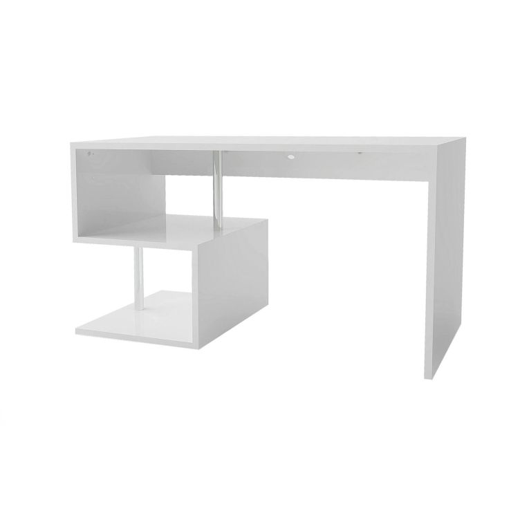 Scrivania Valerio, Scrittoio lineare porta PC, Tavolo multiuso per ufficio, Scrivania salvaspazio multiposizione, 100% Made in Italy, cm 140x60h78, Bianco lucido