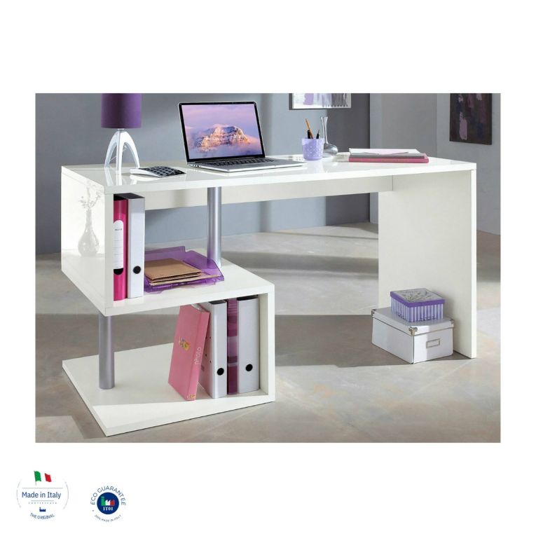 Scrivania Valerio, Scrittoio lineare porta PC, Tavolo multiuso per ufficio, Scrivania salvaspazio multiposizione, 100% Made in Italy, cm 140x60h78, Bianco lucido