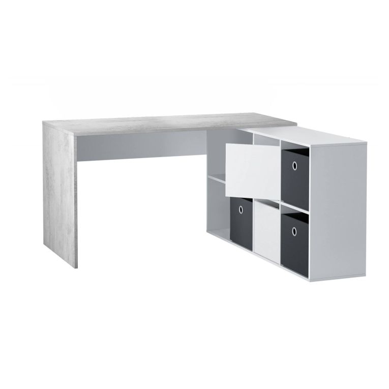Scrivania Vallejo, Scrittoio multifunzione reversibile multiposizione, Tavolo da studio o ufficio porta PC con scaffale, 136x139h74 cm, Bianco e Cemento