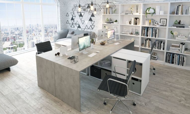 Scrivania Vallejo, Scrittoio multifunzione reversibile multiposizione, Tavolo da studio o ufficio porta PC con scaffale, 136x139h74 cm, Bianco e Cemento