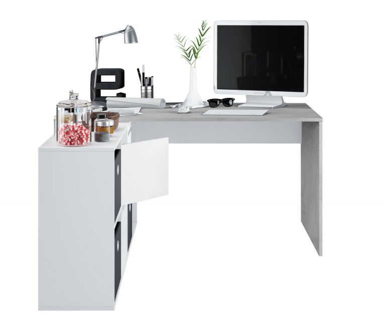 Scrivania Vallejo, Scrittoio multifunzione reversibile multiposizione, Tavolo da studio o ufficio porta PC con scaffale, 136x139h74 cm, Bianco e Cemento