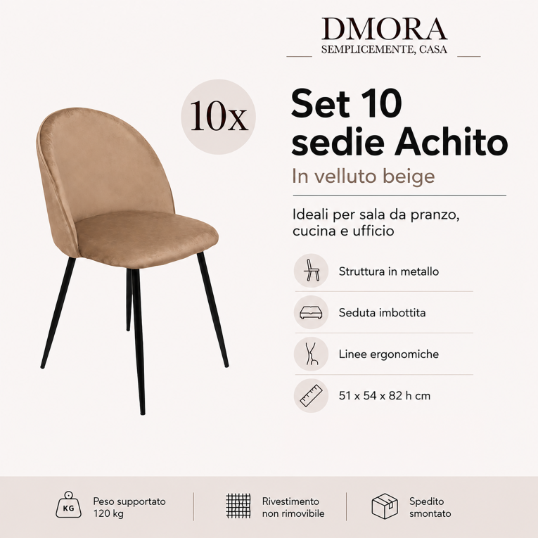 Sedia Beige 10 Sedie Imbottito, Peso Supportato 120 kg - Achito