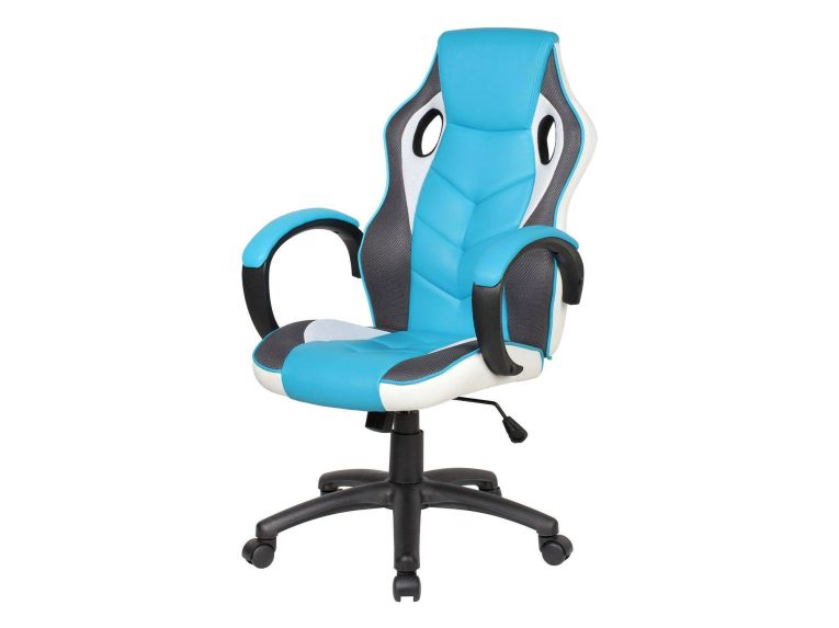 Sedia con ruote imbottita con braccioli in ecopelle azzurra e bianca - Urbana