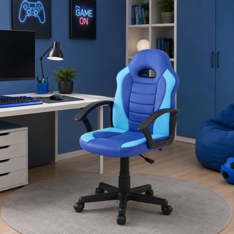 Sedia con ruote imbottita con braccioli in ecopelle blu e azzurra - Miranda