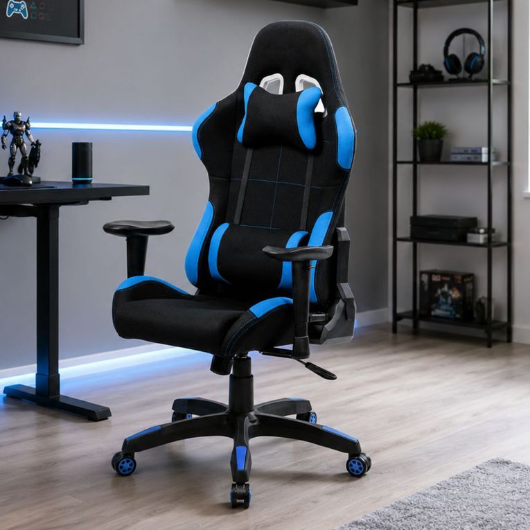 Sedia con ruote imbottita con braccioli in tessuto nera e blu - Mindy