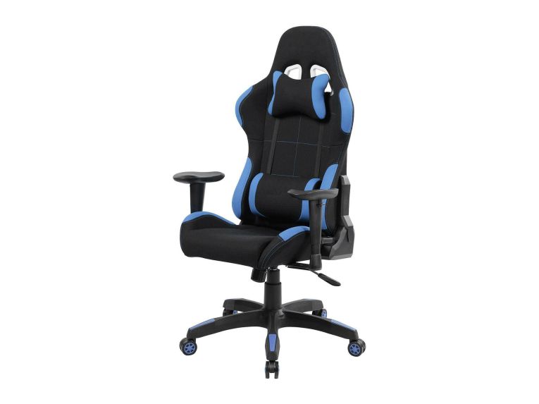 Sedia con ruote imbottita con braccioli in tessuto nera e blu - Mindy