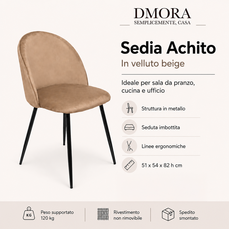 Sedia cucina imbottita in velluto beige - Achito