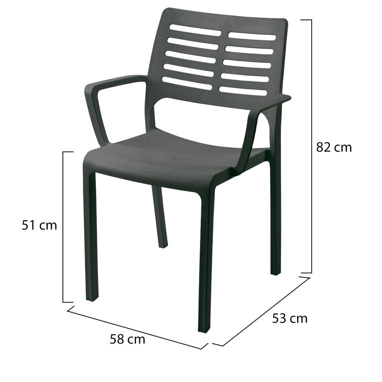 Sedia da Esterno Nero Antracite 4 Sedie Braccioli, Peso Supportato 120 kg Made in Italy - Hero