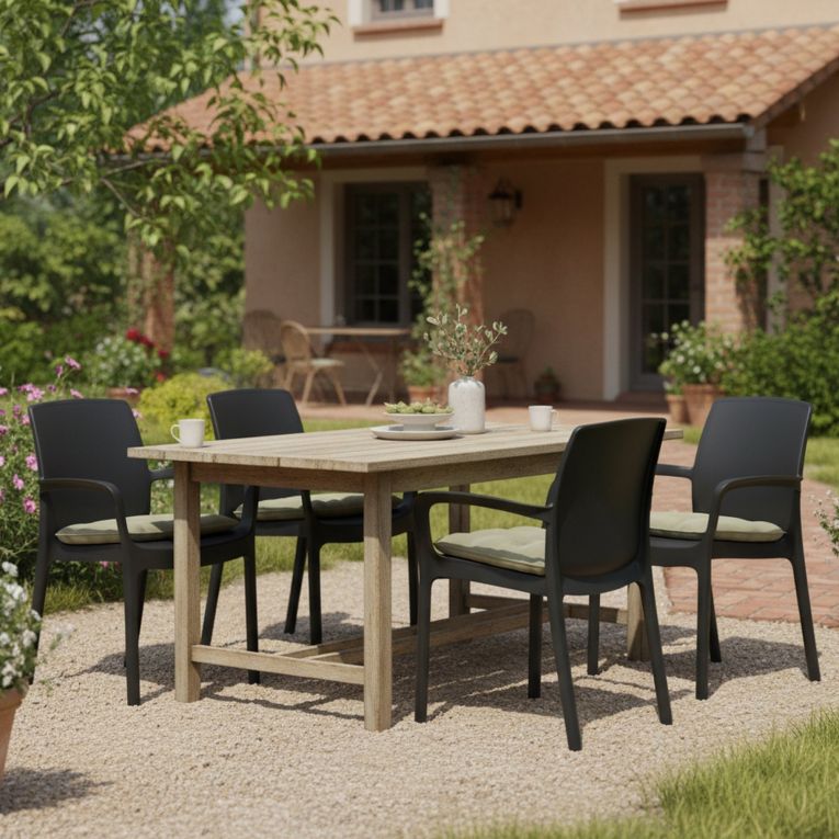 Sedia da Esterno Nero Antracite 4 Sedie Impilabile, Braccioli Made in Italy - Sapps