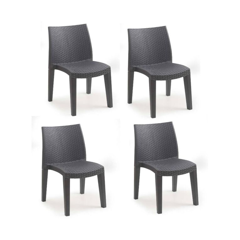 Sedia da esterno Ravenna, Set di 4 sedute da giardino, Sedia per tavolo da pranzo, Poltrona outdoor effetto rattan, 100 % Made in Italy, 48x55h86 cm, Antracite