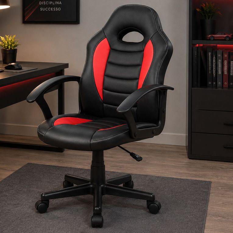 Sedia da gaming girevole con braccioli in ecopelle nera e rossa - Miranda