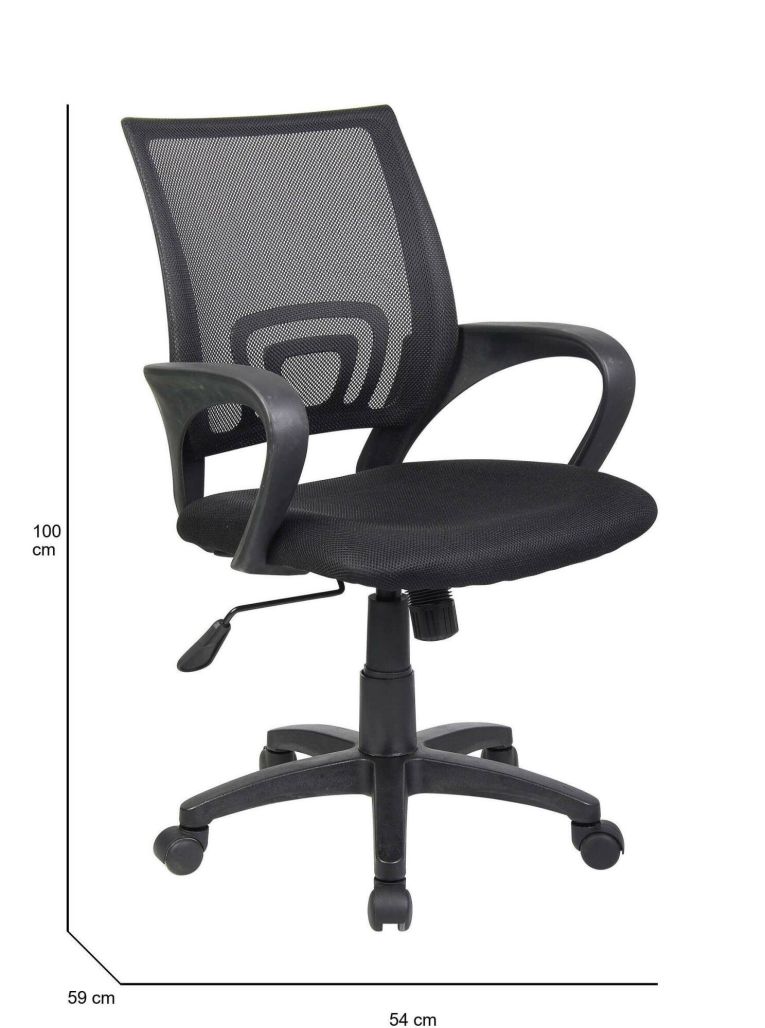 Sedia da ufficio Lismore, Sedia operativa a rete con braccioli, Seduta ergonomica da ufficio, 59x54h90-100 cm, Nero