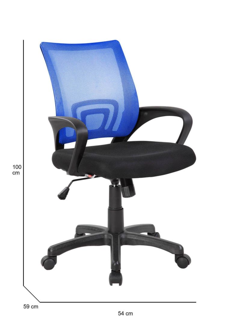 Sedia da ufficio Lismore, Sedia operativa a rete con braccioli, Seduta ergonomica da ufficio, 59x54h90-100 cm, Nero e Blu