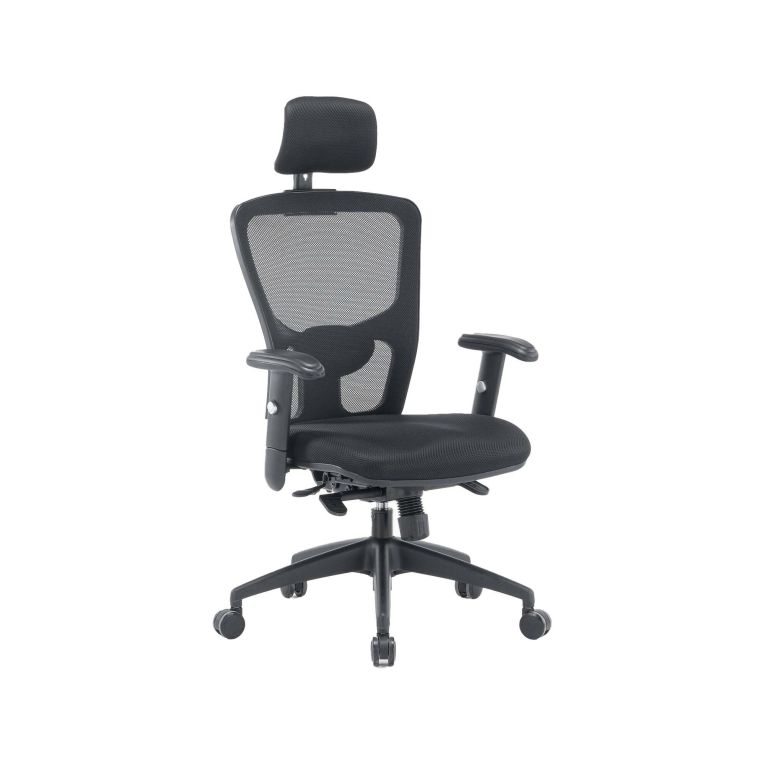 Sedia da ufficio Melbourne, Poltrona direzionale a rete con braccioli, Seduta ergonomica da ufficio, 68x66h120-130 cm, Nero