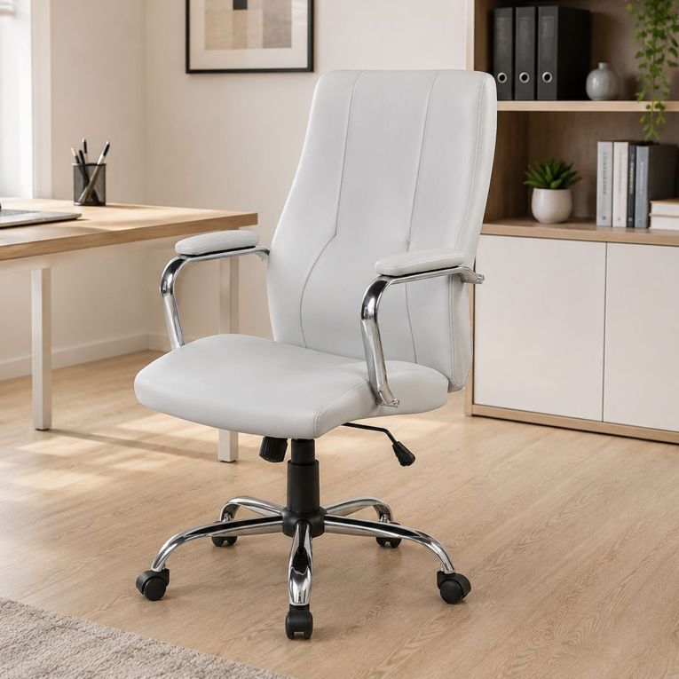 Sedia ergonomica con ruote imbottita con braccioli in ecopelle grigia - Yuki