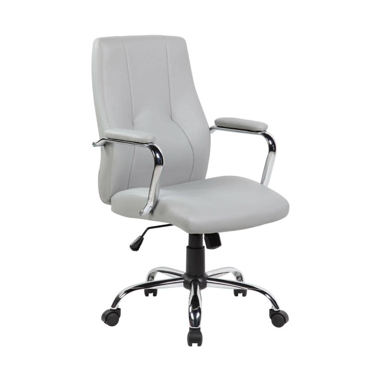 Sedia ergonomica con ruote imbottita con braccioli in ecopelle grigia - Yuki