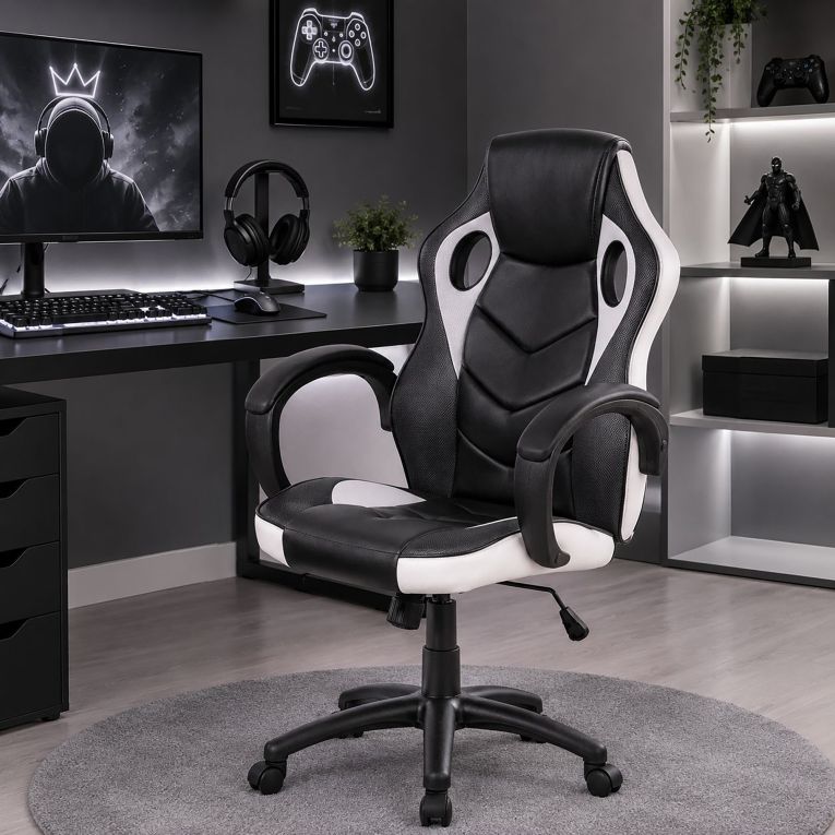 Sedia gaming imbottita con braccioli in tessuto nera e bianca - Urbana