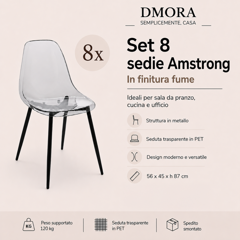 Sedia Grigio Fume 8 Sedie Peso Supportato 120 kg, Sfumatura Colore Struttura Fume - Amstrong