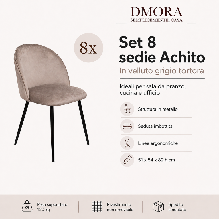 Sedia Grigio Tortora 8 Sedie Imbottito, Peso Supportato 120 kg - Achito