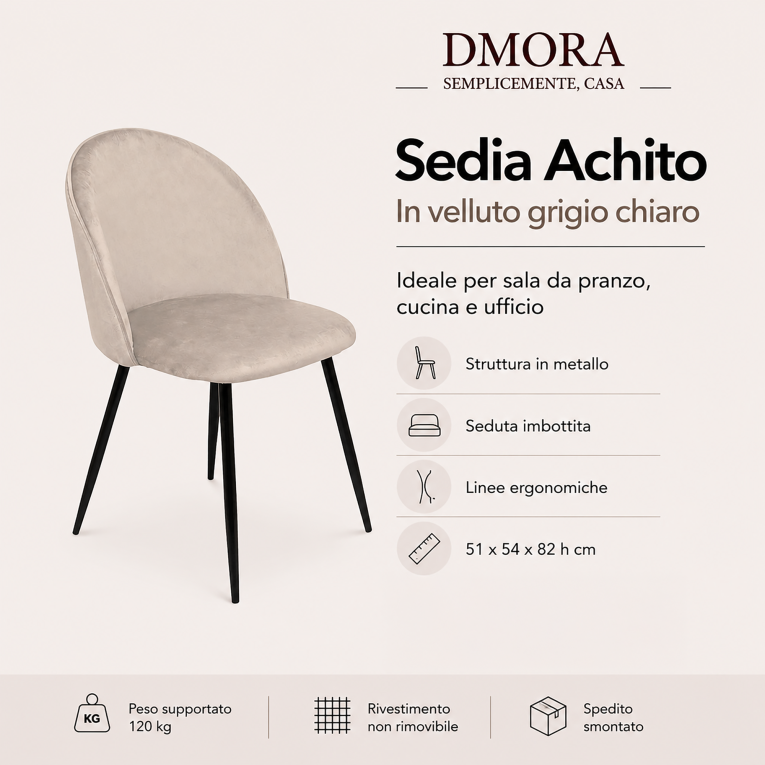 Sedia imbottita in velluto grigio chiaro - Achito