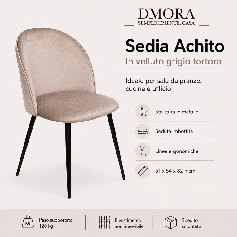 Sedia imbottita in velluto tortora - Achito