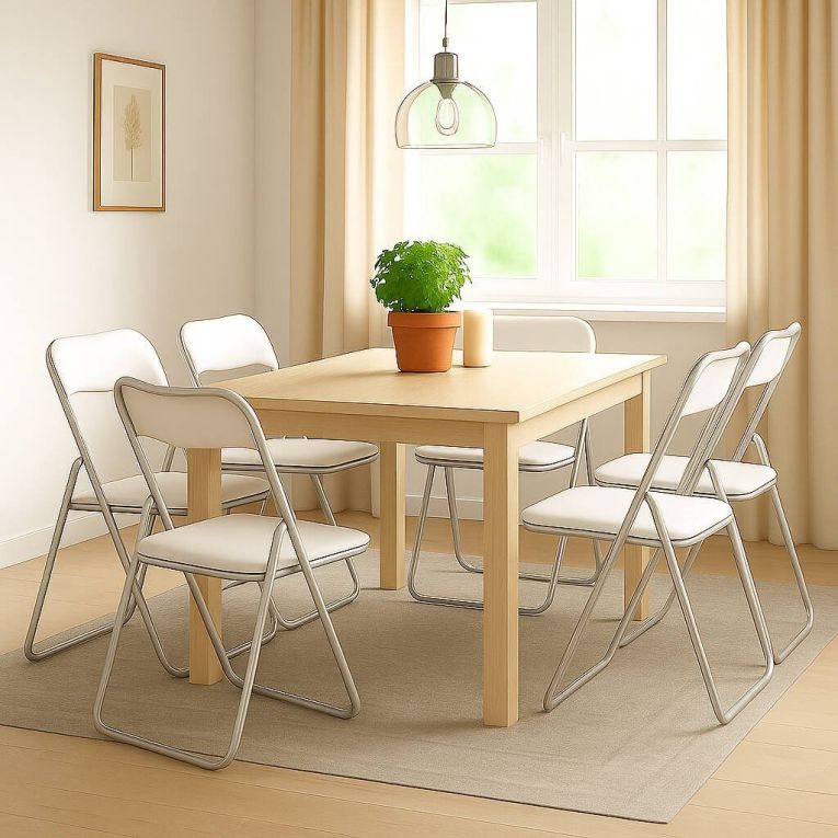 Sedia pieghevole Marbella, Set di 6 sedie salvaspazio, Sedia per ospiti, Seduta per riunioni in simil ecopelle, 43x47h80 cm, Bianco