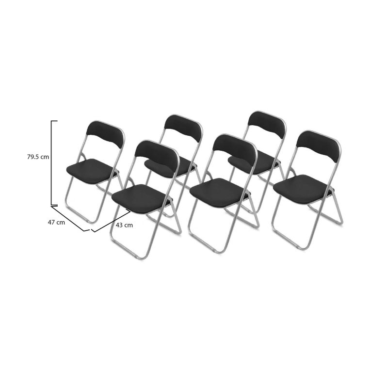 Sedia pieghevole Marbella, Set di 6 sedie salvaspazio, Sedia per ospiti, Seduta per riunioni in simil ecopelle, 43x47h80 cm, Nero