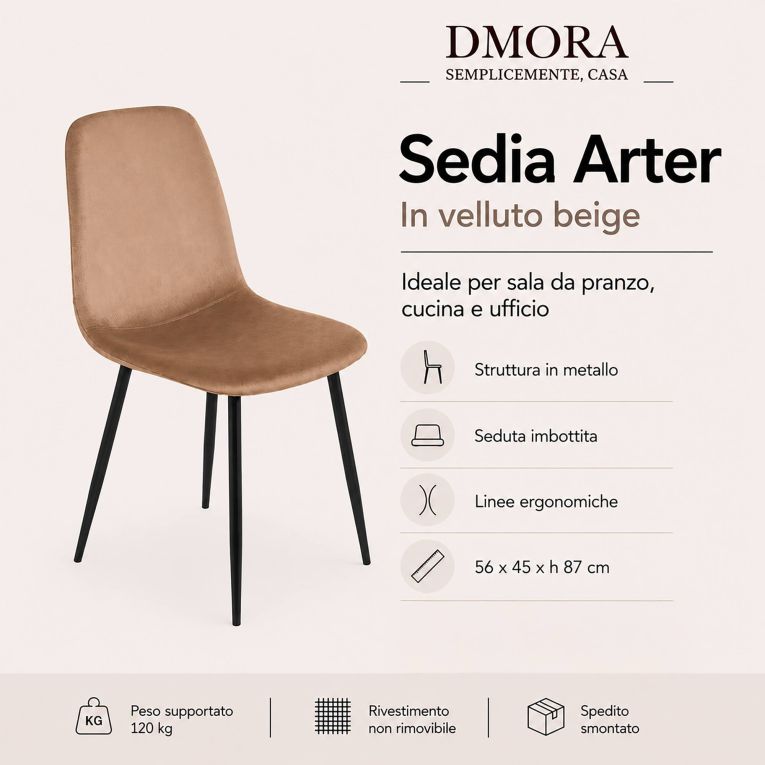 Sedia squadrata imbottita in velluto beige - Arter
