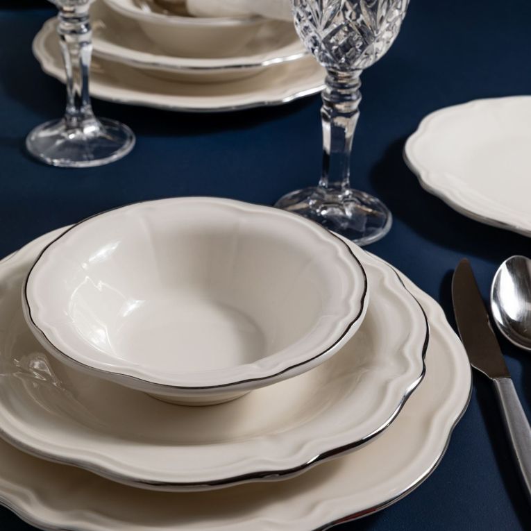 Servizio Piatti Bianco Argento set da 24 Colore Struttura Argento, Adatto per Lavastoviglie - Noremo