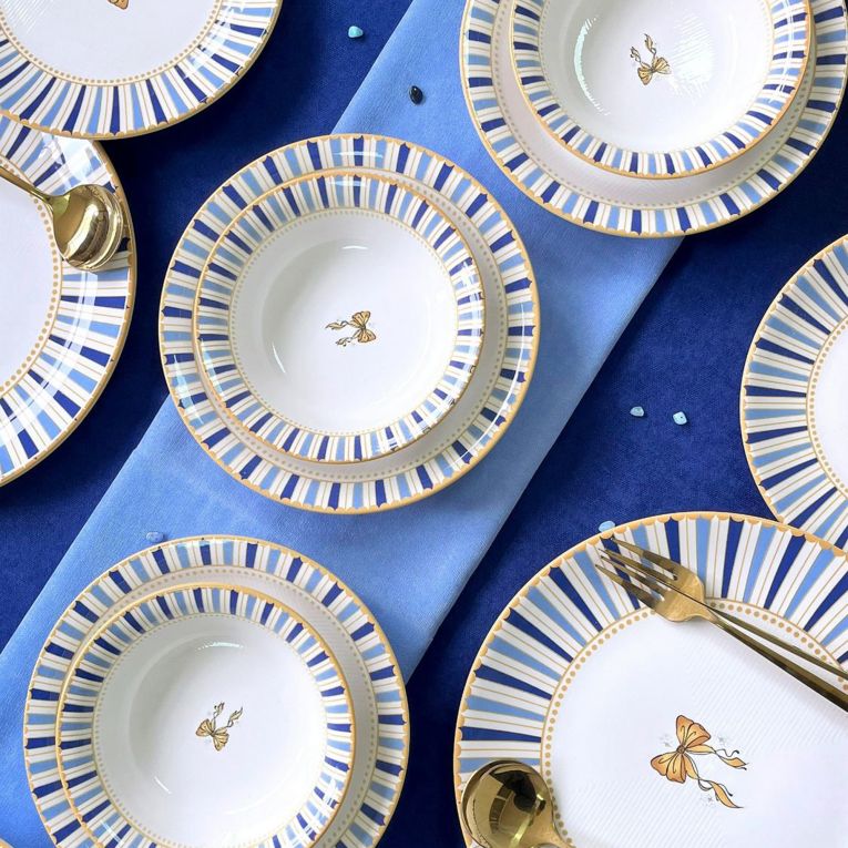 Servizio Piatti Bianco Azzurro set da 24 Colore Struttura Azzurro, Adatto per Lavastoviglie - Palemisi