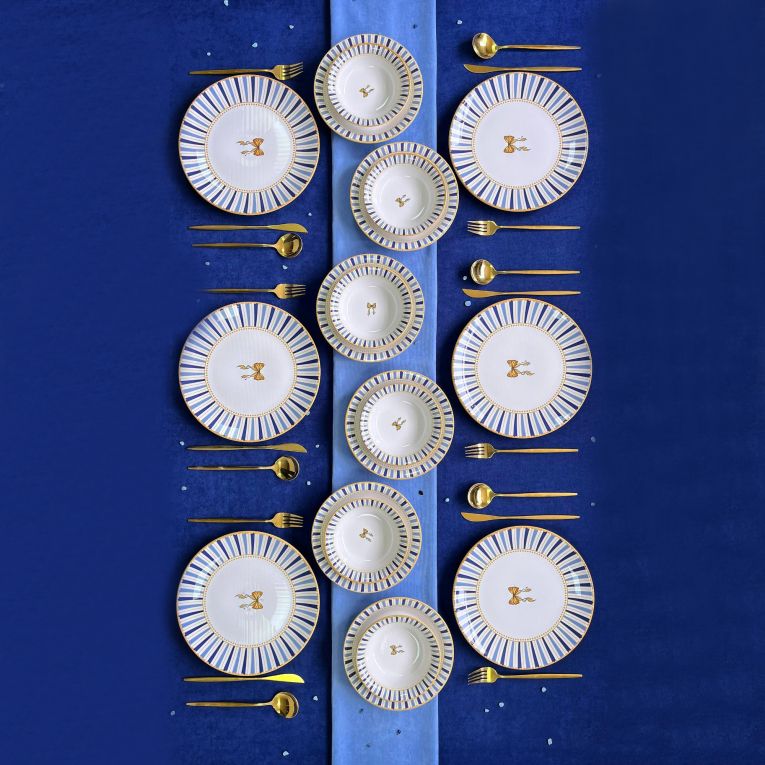 Servizio Piatti Bianco Azzurro set da 24 Colore Struttura Azzurro, Adatto per Lavastoviglie - Palemisi