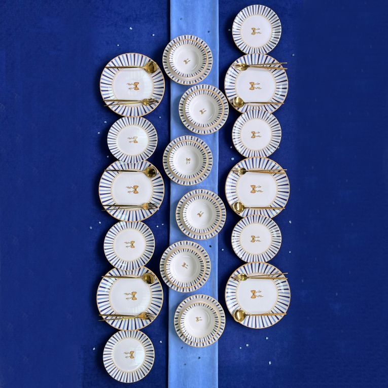 Servizio Piatti Bianco Azzurro set da 24 Colore Struttura Azzurro, Adatto per Lavastoviglie - Palemisi