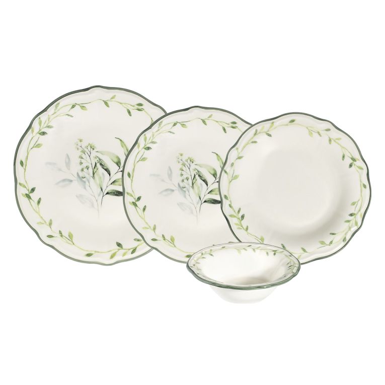 Servizio Piatti Bianco Verde set da 24 Colore Struttura Verde, Adatto per Lavastoviglie - Nonemare