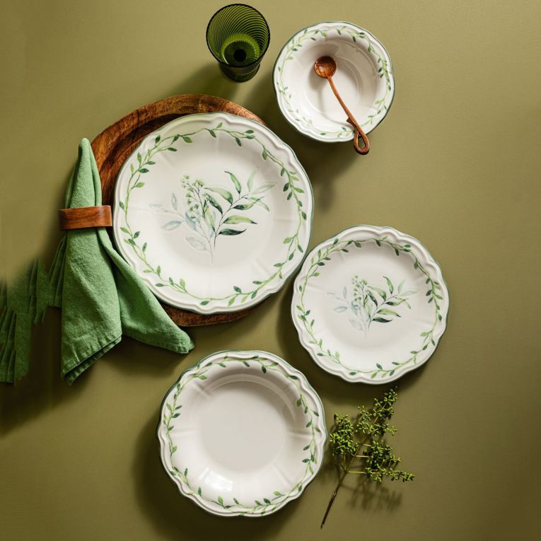Servizio Piatti Bianco Verde set da 24 Colore Struttura Verde, Adatto per Lavastoviglie - Nonemare