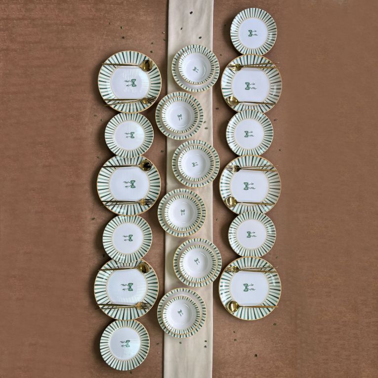 Servizio Piatti Bianco Verde set da 24 Colore Struttura Verde, Adatto per Lavastoviglie - Palimo