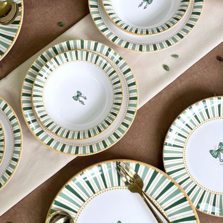 Servizio Piatti Bianco Verde set da 24 Colore Struttura Verde, Adatto per Lavastoviglie - Palimo