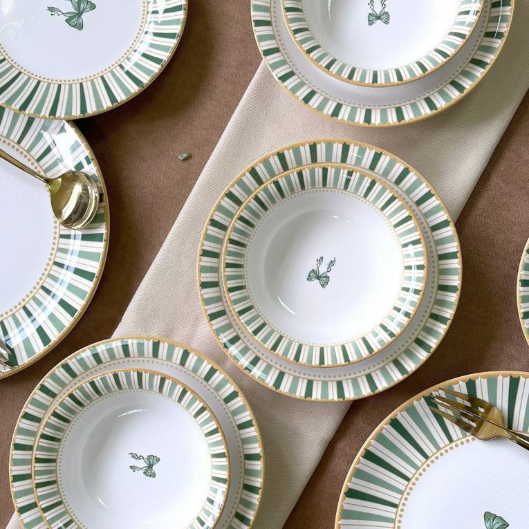 Servizio Piatti Bianco Verde set da 24 Colore Struttura Verde, Adatto per Lavastoviglie - Palimo