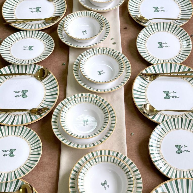Servizio Piatti Bianco Verde set da 24 Colore Struttura Verde, Adatto per Lavastoviglie - Palimo