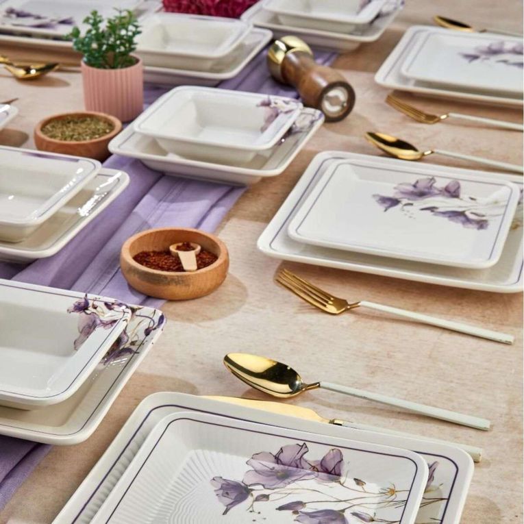Servizio Piatti Bianco Viola set da 24 Colore Struttura Viola, Adatto per Lavastoviglie - Pakara